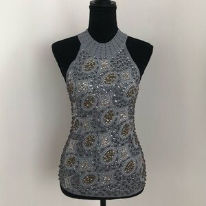 Gray Sequin Beaded Knit Sleeveless Sweater